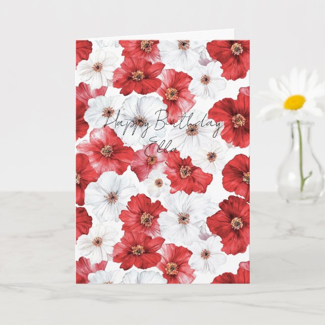 Carte Anniversaire Fleurs Rouges et Blanches (Petite plante)