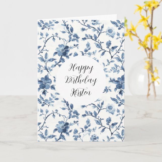 Carte Anniversaire Floral Bleu Blanc Chic (Fleur jaune)