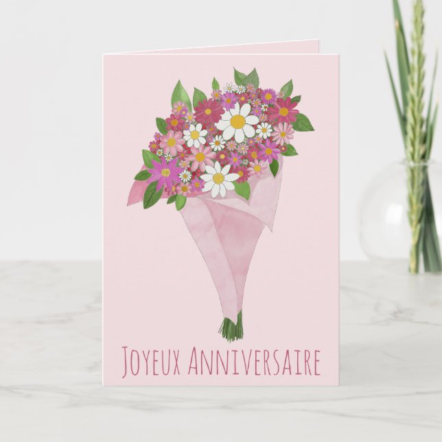 Carte Anniversaire Français Bouquet rose de fleurs (Devant)