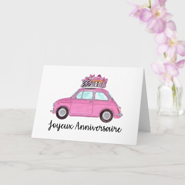 Carte Anniversaire français Retro Fiat 500 (Orchidée)