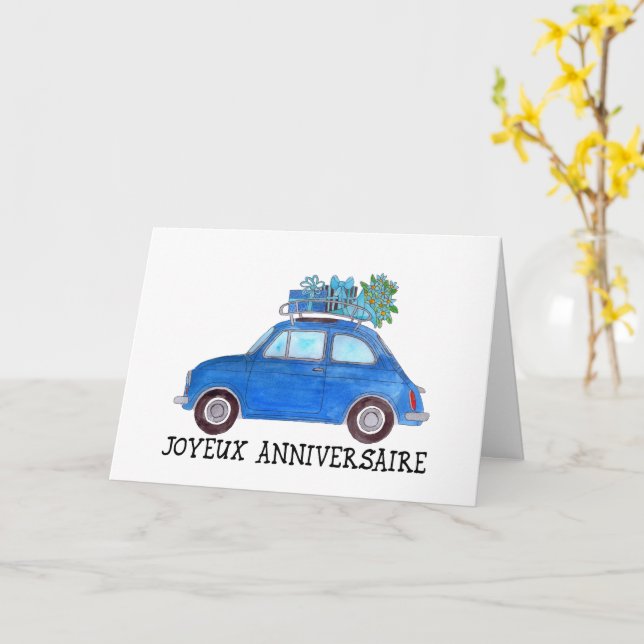 Carte Anniversaire français Retro Fiat 500 (Fleur jaune)
