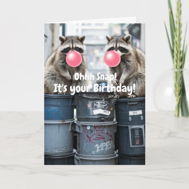 Carte Anniversaire Funny Raccoons souffler rose bulle mi (Devant)