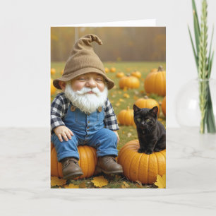 Carte Anniversaire Gnome et Kitten noir sur Citrouille