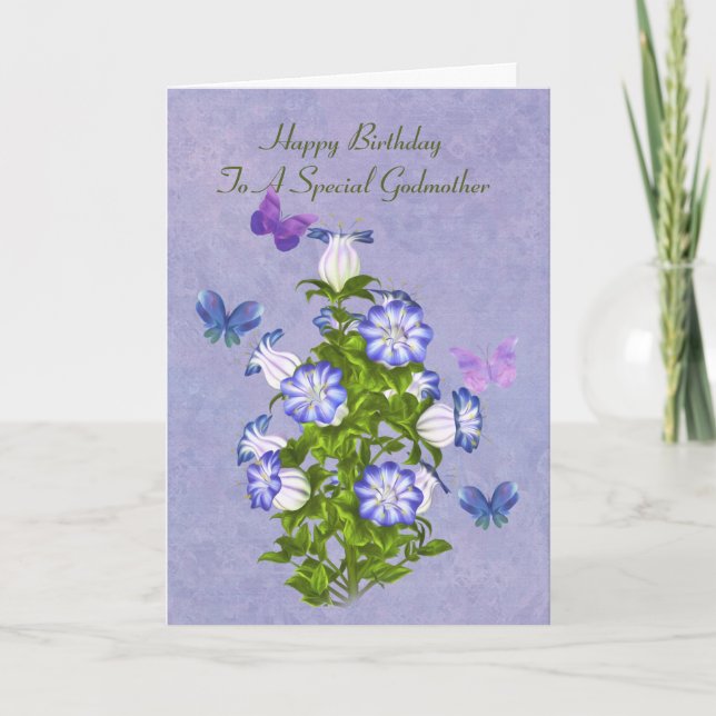 Carte Anniversaire, Godmère, Papillons et Fleurs Bell (Devant)