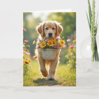 Carte Anniversaire Golden Retriever Avec Panier à fleurs