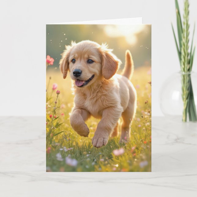 Carte Anniversaire Golden Retriever Puppy dans une prair (Devant)
