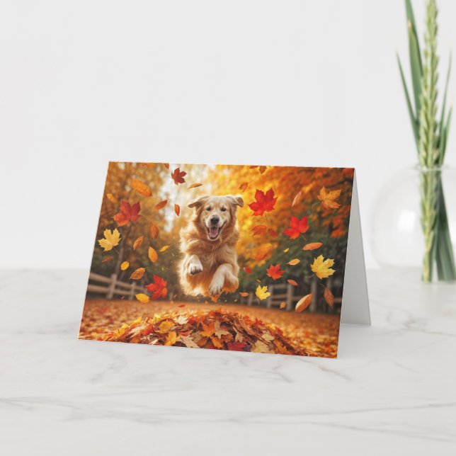Carte Anniversaire Golden Retriever Sauter En Feuille (Devant)