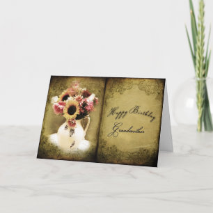 CARTE ANNIVERSAIRE - GRAND-MÈRE - VINTAGE/FLORAL/LIVRE