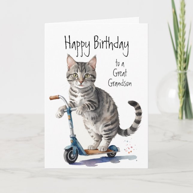 Carte Anniversaire Grandson Fun Cute Cat sur Kick Scoote (Devant)