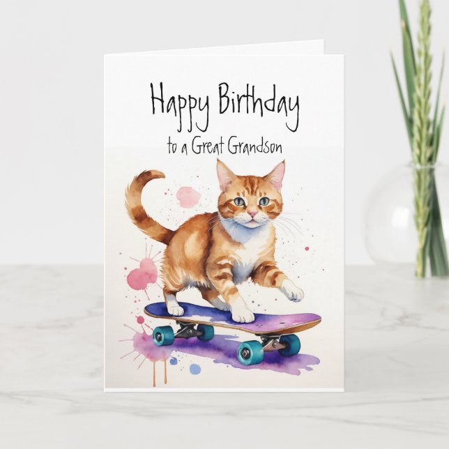 Carte Anniversaire Grandson Fun Cute Cat sur Skateboard (Devant)