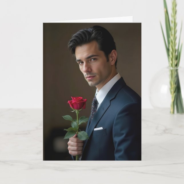 Carte Anniversaire Homme beau avec une rose rouge (Devant)