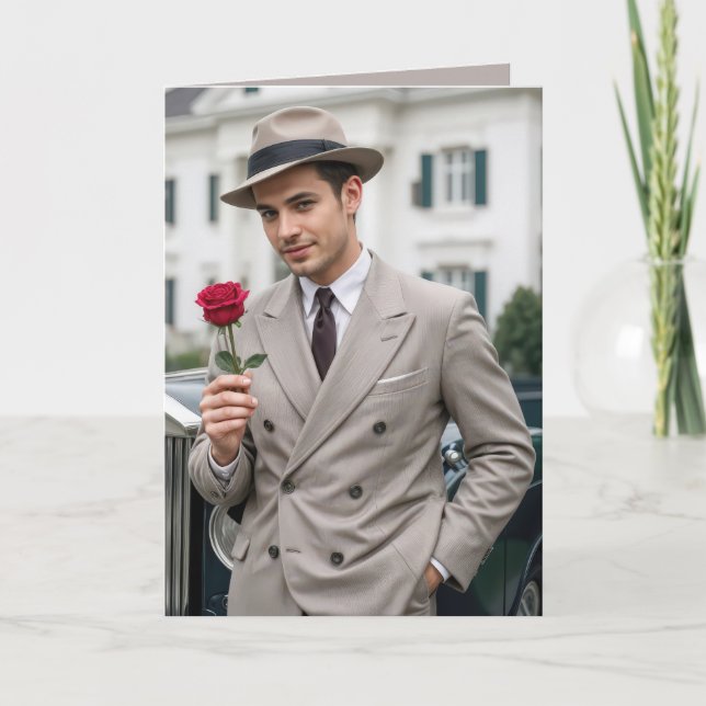 Carte Anniversaire homme beau tenant une rose rouge (Devant)