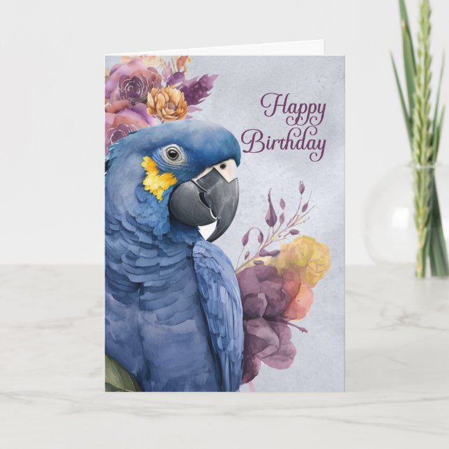 Carte Anniversaire Hyacinth Macaw Parrot en bleu et viol (Devant)
