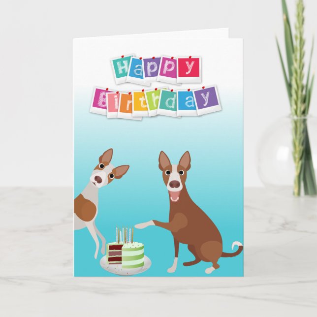 Carte Anniversaire Ibizan Hound Chien animal avec gâteau (Devant)