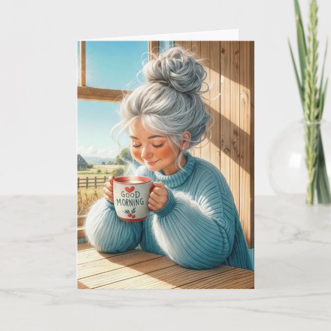 Carte Anniversaire Jolie Dame Senior Boire Café (Devant)