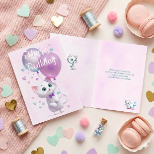 Carte Anniversaire Kitty Rose Blanc avec Ballons