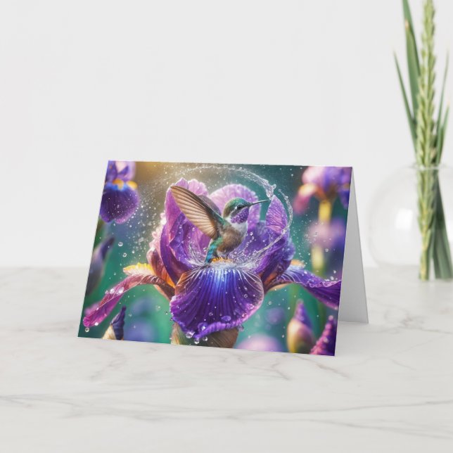 Carte Anniversaire Le Colibri S'Éclabouille Dans Un Iris (Devant)