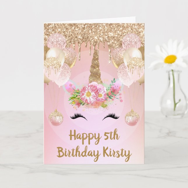 Carte Anniversaire Licorne Rose Pâle & Or Visage (Petite plante)