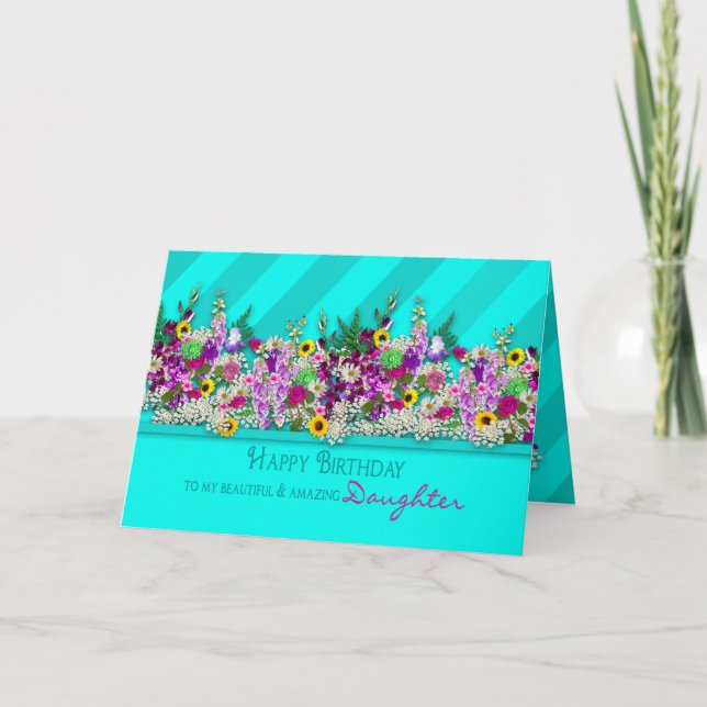 Carte Anniversaire MA fille, fleurs de jardin, rayure (Devant)