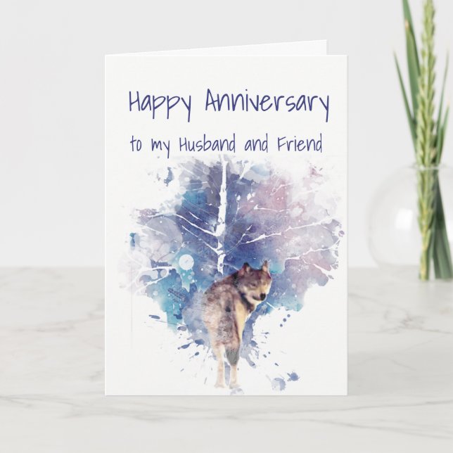 Carte Anniversaire Mari et ami Loup solitaire en forêt (Devant)