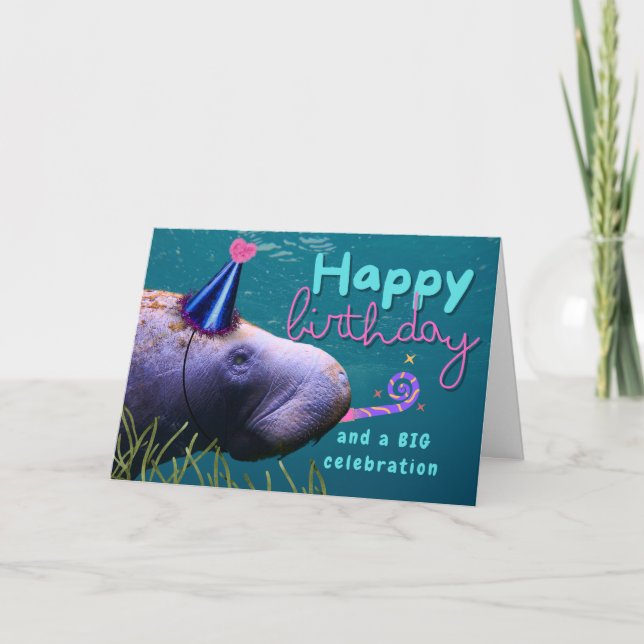 Carte Anniversaire mignonne Manatee à la fête (Devant)