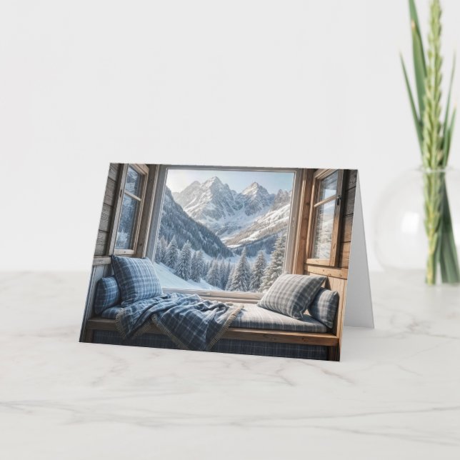 Carte Anniversaire Montagne dans une fenêtre Cabine (Devant)