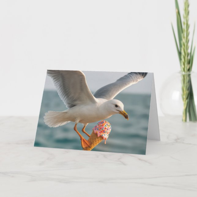 Carte Anniversaire Mouette mangeant un cône de crème gla (Devant)