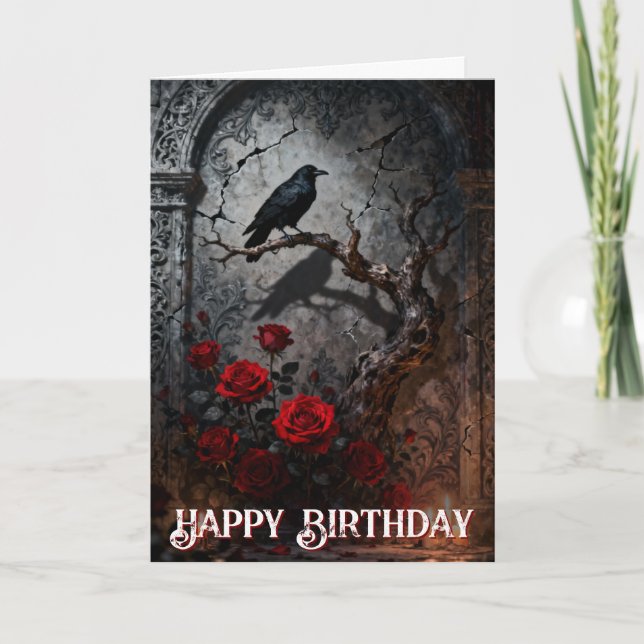 Carte Anniversaire Murale Gothique Sombre Corbeau et Ros (Devant)