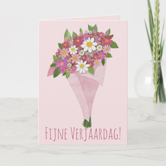 Carte Anniversaire Néerlandais Bouquet rose de fleurs (Devant)