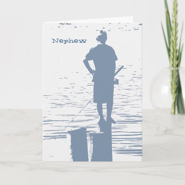 Carte Anniversaire, neveu, garçon pêchant à partir d'une (Devant)