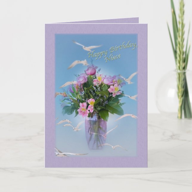 Carte Anniversaire, nièce, fleurs et oiseaux (Devant)