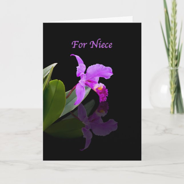 Carte Anniversaire, nièce, orchidée réfléchie sur noir (Devant)