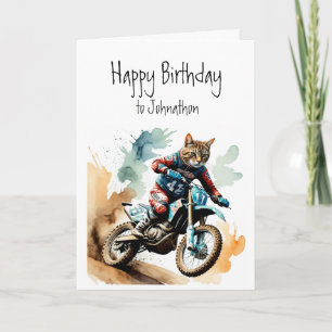 Carte Anniversaire Nom personnalisé Chat équitation Moto