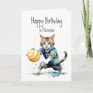 Carte Anniversaire Nom Personnalisé Chat Jouer au volley