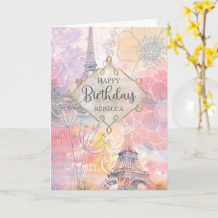 Carte Anniversaire Nom personnalisé Tour Eiffel Aquarell
