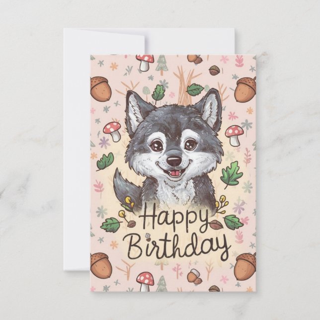 Carte Anniversaire numérique de petit loup mignon (Devant)