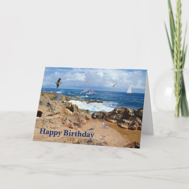 Carte Anniversaire, Oiseaux de mer à l'océan (Devant)