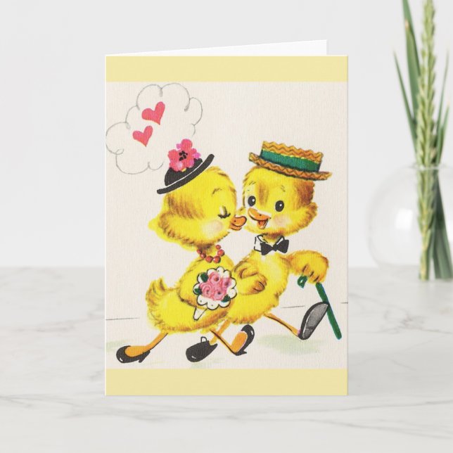 Carte anniversaire ou mariage de caneton rétro (Devant)