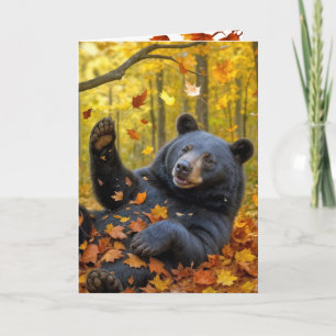 Carte Anniversaire Ours Noir Roulant Dans Les Feuilles A
