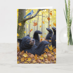 Carte Anniversaire Ours Noir Roulant Dans Les Feuilles A