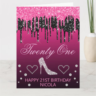 Carte Anniversaire Paillettes Noires et Roses Glamour