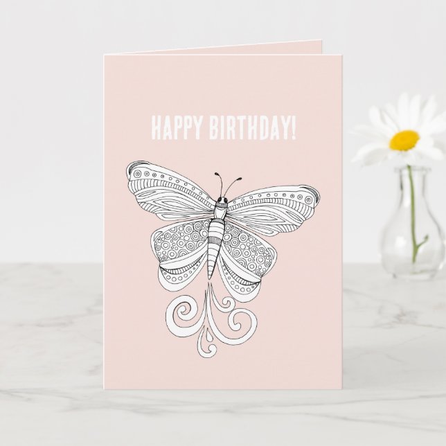 Carte Anniversaire Papillon Blanc Rose (Petite plante)