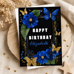 Carte Anniversaire Papillon Doré Fleur Bleue Élégant