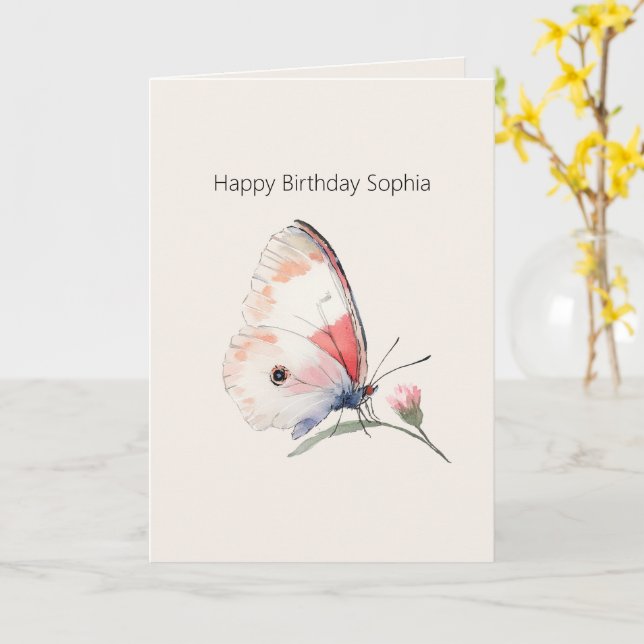 Carte Anniversaire Papillon Floral Pêche Rosé (Fleur jaune)