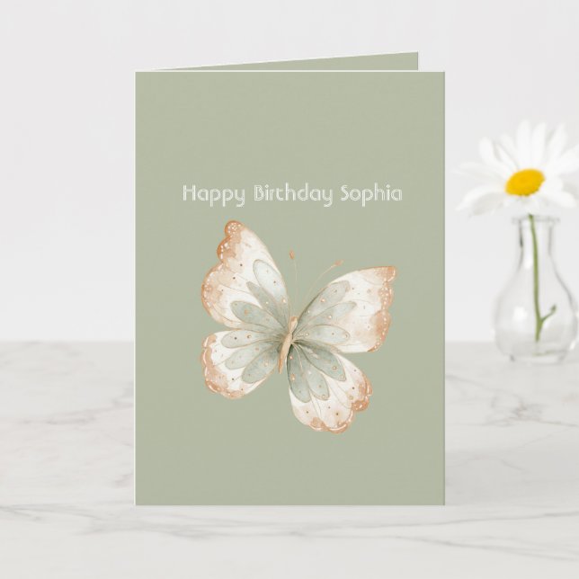 Carte Anniversaire Papillon Vert Crème Brun (Petite plante)