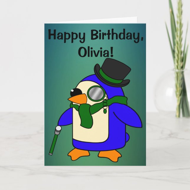 Carte Anniversaire Penguin Turquoise Grassy Emerald pers (Devant)