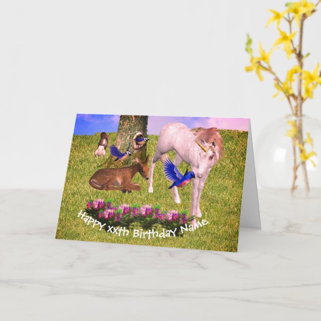 Carte Anniversaire personnalisé Licorne et ses Amis (Fleur jaune)