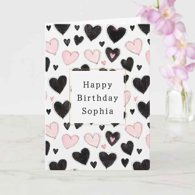 Carte Anniversaire Pink Black Hearts (Orchidée)