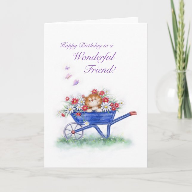 Carte Anniversaire pour ami, chat mignon avec roue à fle (Devant)