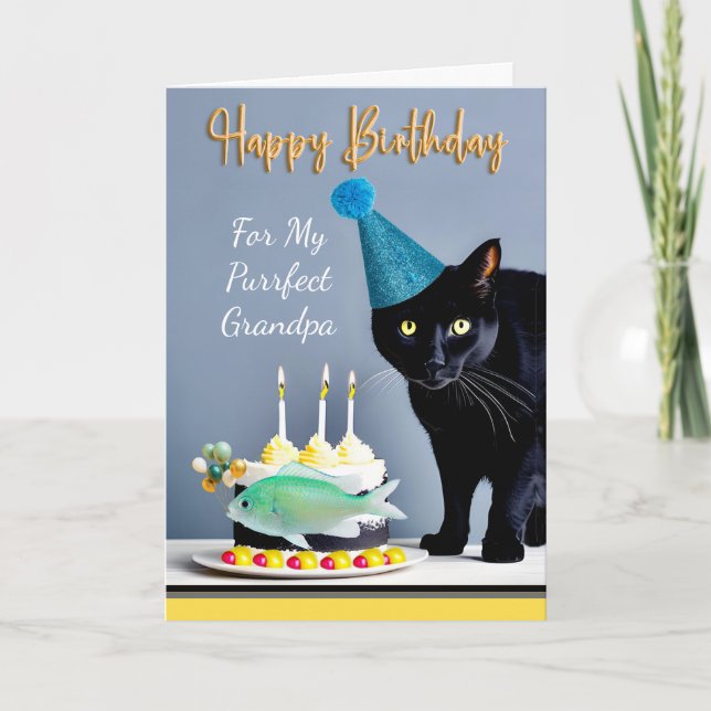 Carte Anniversaire pour grand-père avec chat et gâteau n (Devant)